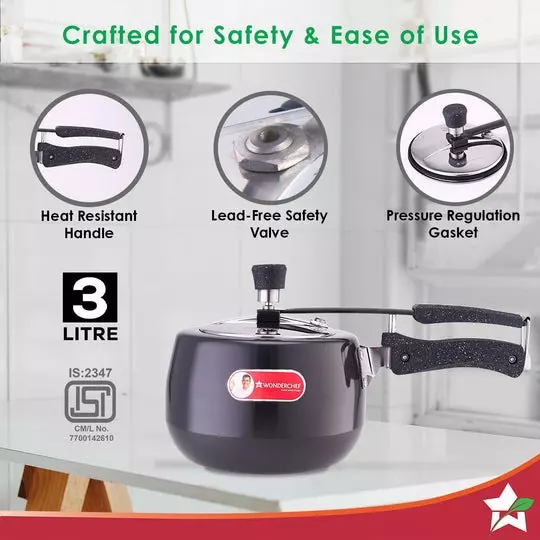 Wonderchef Taurus 3 L Pressure Cooker with Inner Lid Hard Anodized Black & Chrome ISI Certified, 63153209