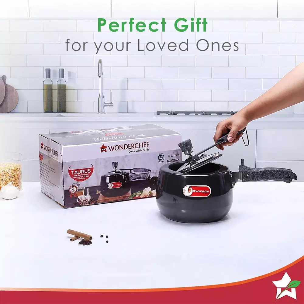 Wonderchef Taurus 3 L Pressure Cooker with Inner Lid Hard Anodized Black & Chrome ISI Certified, 63153209