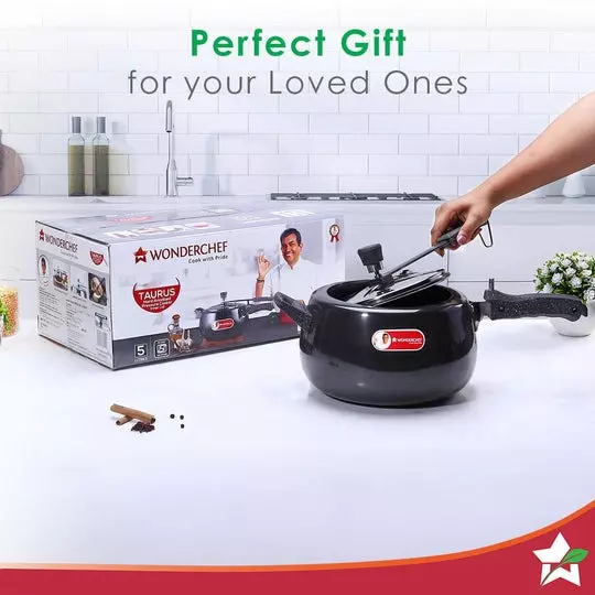 Wonderchef Taurus 5 L Pressure Cooker with Inner Lid Hard Anodized Black & Chrome ISI Certified, 63153211