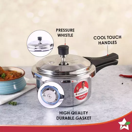 Wonderchef Nigella 3 L Pressure Cooker with Outer Lid Triply Stainless Steel Chrome ISI Certified, 63154772