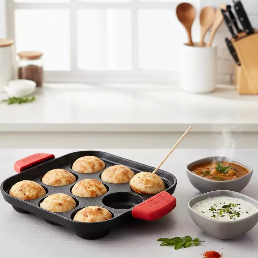 Wonderchef Forza Paniyarakal Square with 9 Cavities 30 cm Naturally Non-Stick Heavy-duty Cast-iron Black, 63155078