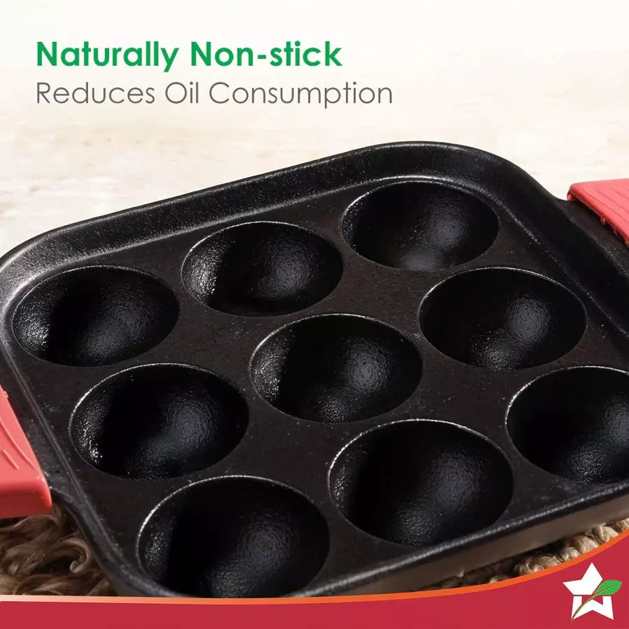Wonderchef Forza Paniyarakal Square with 9 Cavities 30 cm Naturally Non-Stick Heavy-duty Cast-iron Black, 63155078