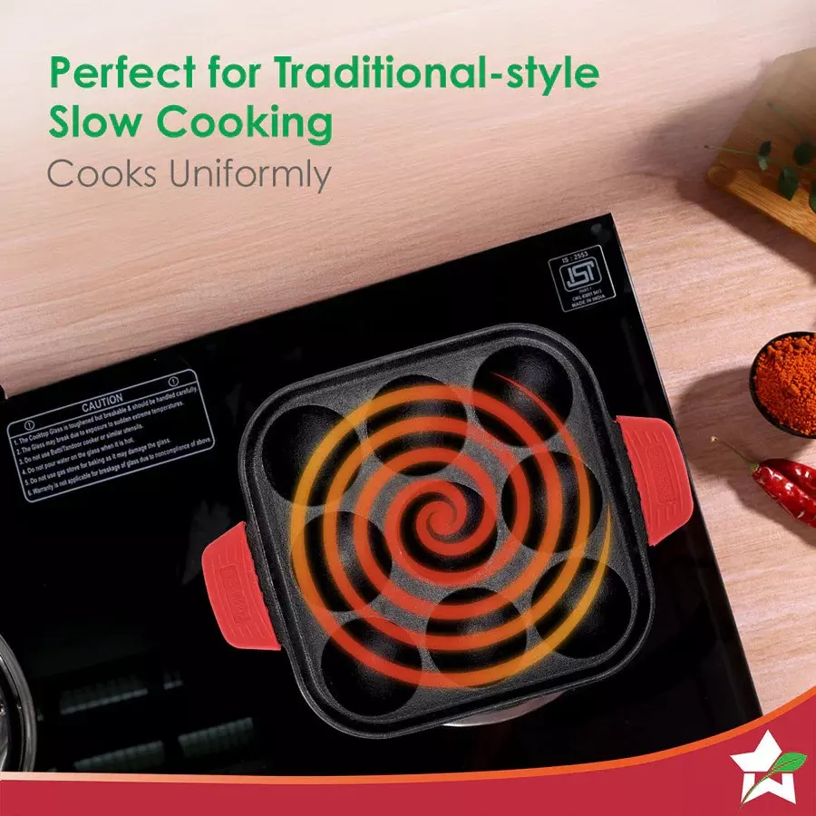 Wonderchef Forza Paniyarakal Square with 9 Cavities 30 cm Naturally Non-Stick Heavy-duty Cast-iron Black, 63155078