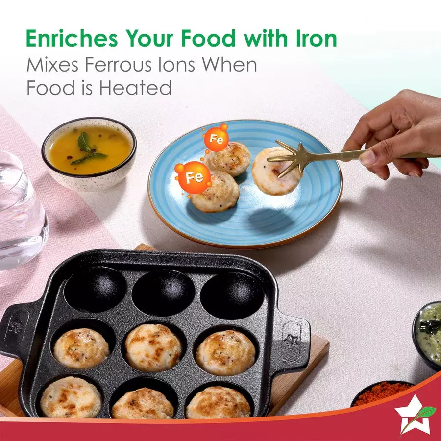 Wonderchef Forza Paniyarakal Square with 9 Cavities 30 cm Naturally Non-Stick Heavy-duty Cast-iron Black, 63155078