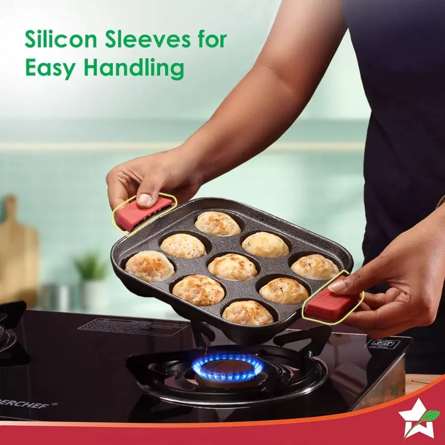 Wonderchef Forza Paniyarakal Square with 9 Cavities 30 cm Naturally Non-Stick Heavy-duty Cast-iron Black, 63155078