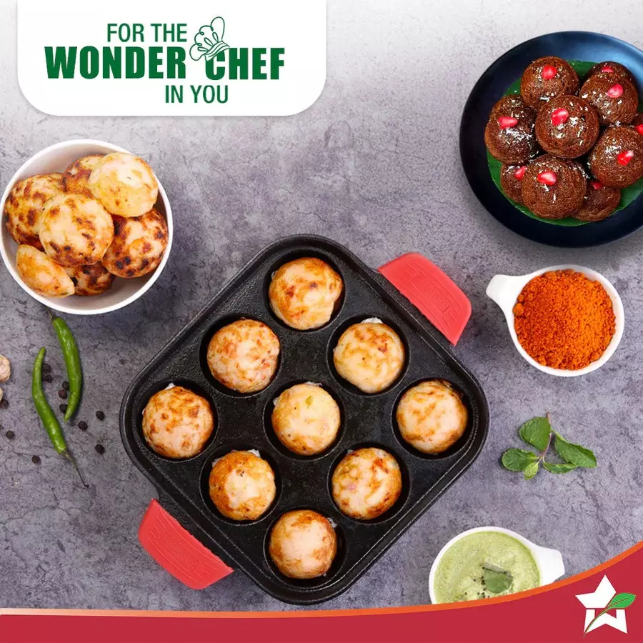 Wonderchef Forza Paniyarakal Square with 9 Cavities 30 cm Naturally Non-Stick Heavy-duty Cast-iron Black, 63155078