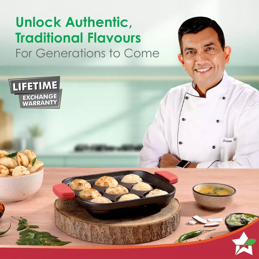 Wonderchef Forza Paniyarakal Square with 9 Cavities 30 cm Naturally Non-Stick Heavy-duty Cast-iron Black, 63155078