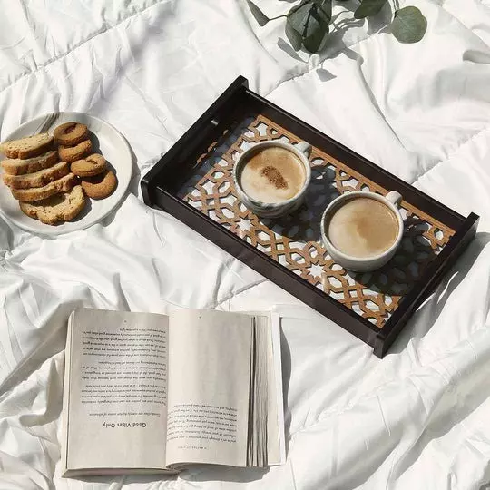 Wonderchef Casablanca Ornamental Tile Glass Tray Engineered Wood Brown 25x41x5 cm Medium, 63154051