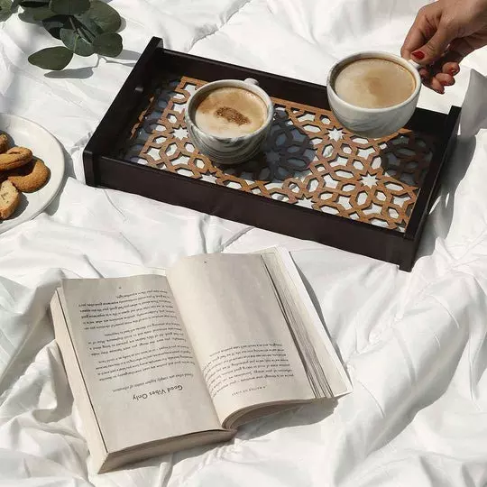 Wonderchef Casablanca Ornamental Tile Glass Tray Engineered Wood Brown 25x41x5 cm Medium, 63154051