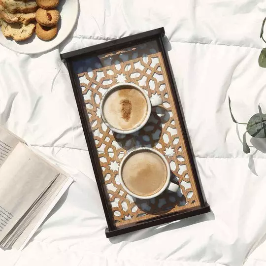 Wonderchef Casablanca Ornamental Tile Glass Tray Engineered Wood Brown 25x41x5 cm Medium, 63154051