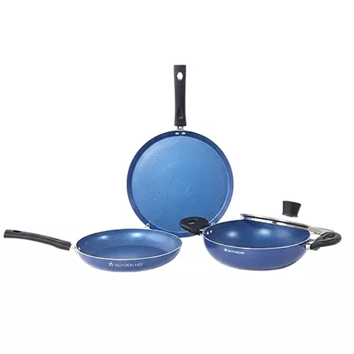 Wonderchef Valencia Dosa Tawa, Fry Pan Kadhai with Glass Lid Non Stick Pure Grade Aluminium Red, 63154032 (4 Pcs Set)
