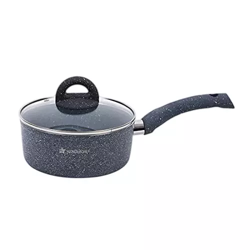Wonderchef Granite Sauce Pan with Glass Lid 18 cm 1.8 L Non Stick Virgin Aluminium Grey, 60004300