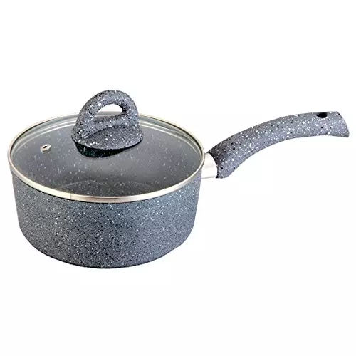 Wonderchef Granite Sauce Pan with Glass Lid 18 cm 1.8 L Non Stick Virgin Aluminium Grey, 60004300