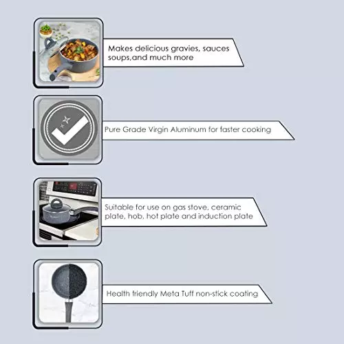 Wonderchef Granite Sauce Pan with Glass Lid 18 cm 1.8 L Non Stick Virgin Aluminium Grey, 60004300