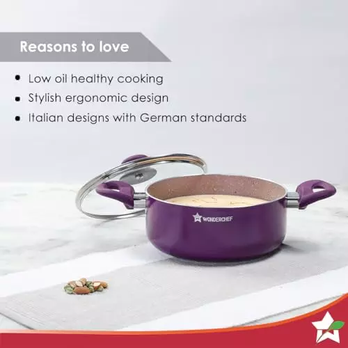 Wonderchef Royal Velvet Casserole with Glass Lid 20 cm 2.5 L Non Stick Virgin Aluminium Purple, 63152349