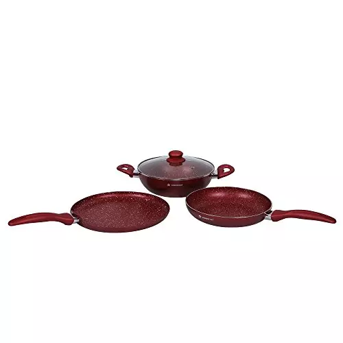 Wonderchef Garnet Dosa Tawa, Fry Pan & Kadhai with Glass Lid Non Stick Virgin Aluminium Red, 63152408 (4 Pcs Set)