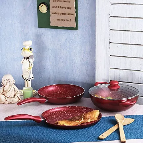 Wonderchef Garnet Dosa Tawa, Fry Pan & Kadhai with Glass Lid Non Stick Virgin Aluminium Red, 63152408 (4 Pcs Set)
