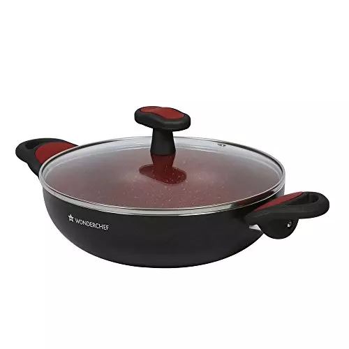 Wonderchef Burlington Fry Pan, Sauce Pan with Glass Lid & Kadhai with Glass Lid Non Stick Virgin Aluminium Red & Black, 63152229 (5 Pcs Set)