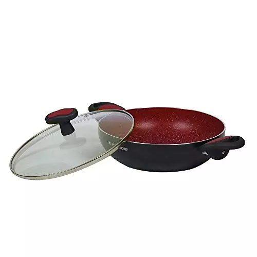 Wonderchef Burlington Fry Pan, Sauce Pan with Glass Lid & Kadhai with Glass Lid Non Stick Virgin Aluminium Red & Black, 63152229 (5 Pcs Set)