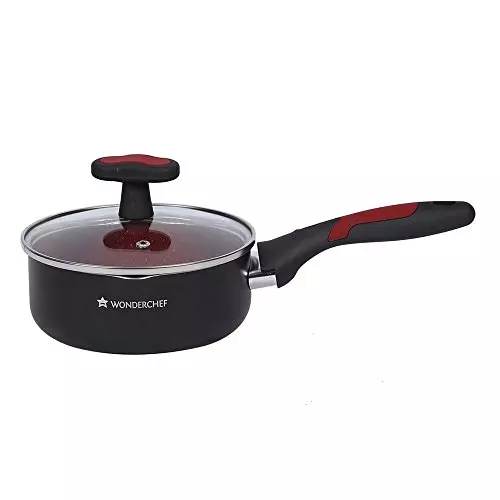 Wonderchef Burlington Fry Pan, Sauce Pan with Glass Lid & Kadhai with Glass Lid Non Stick Virgin Aluminium Red & Black, 63152229 (5 Pcs Set)