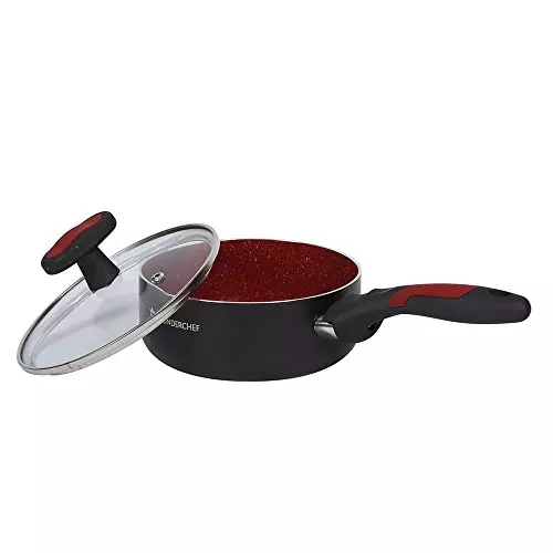 Wonderchef Burlington Fry Pan, Sauce Pan with Glass Lid & Kadhai with Glass Lid Non Stick Virgin Aluminium Red & Black, 63152229 (5 Pcs Set)
