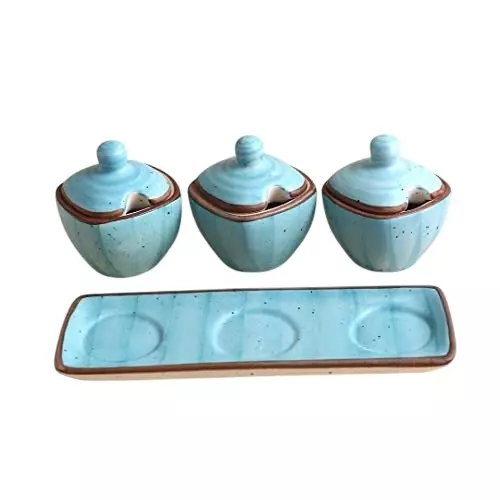 Wonderchef Teramo 3 pcs Pickle Set with Lid & 1 Tray Stoneware Blue, 63153805