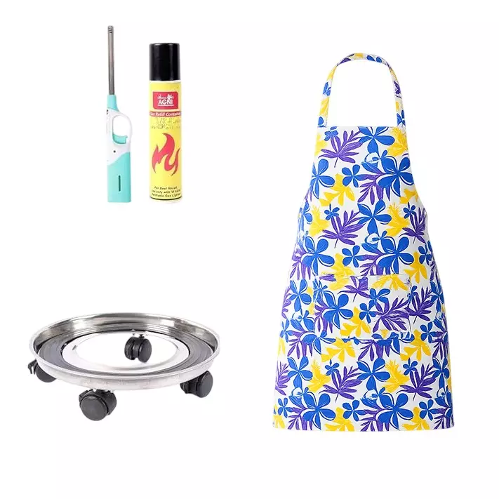 Vansh Homes Cotton Water-Resistant Apron + Silver Gas Trolley + Gas Lighter Premium Kitchen Combo