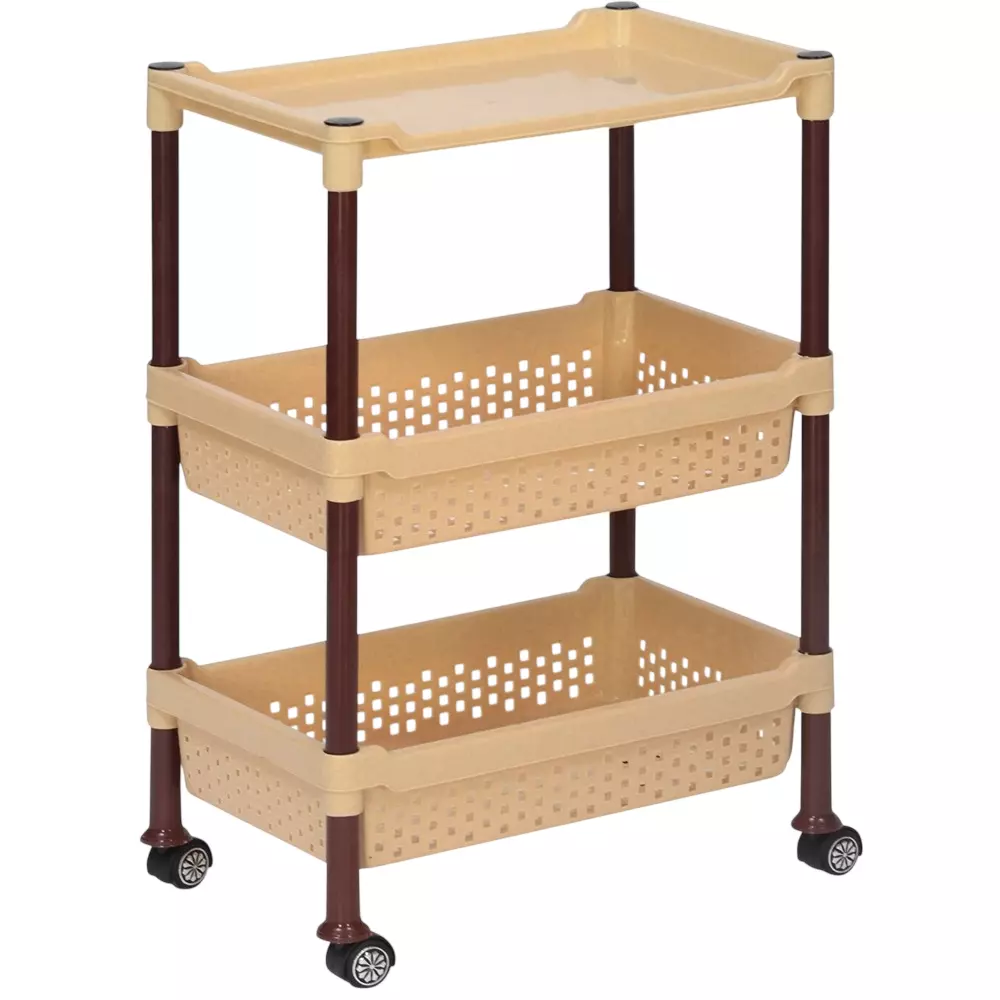 Nilkamal Kitchen Trolley 3 Shelves Powder Coated Beige Plastic for Home & Office Use, TROL15