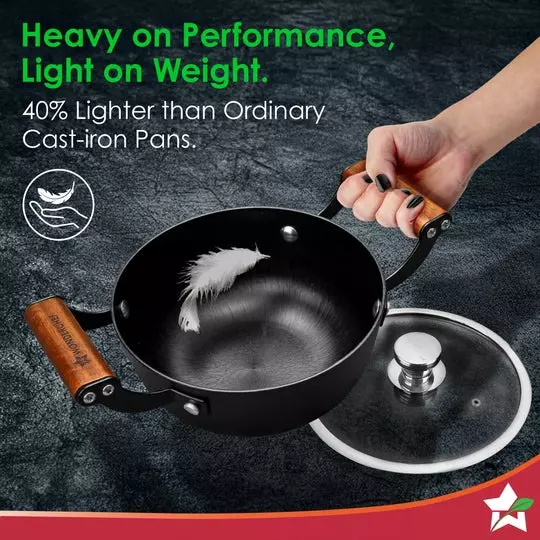 Wonderchef Ferro Casserole with Glass Lid 24 cm Light-Weight Cast-Iron Black, 63155162