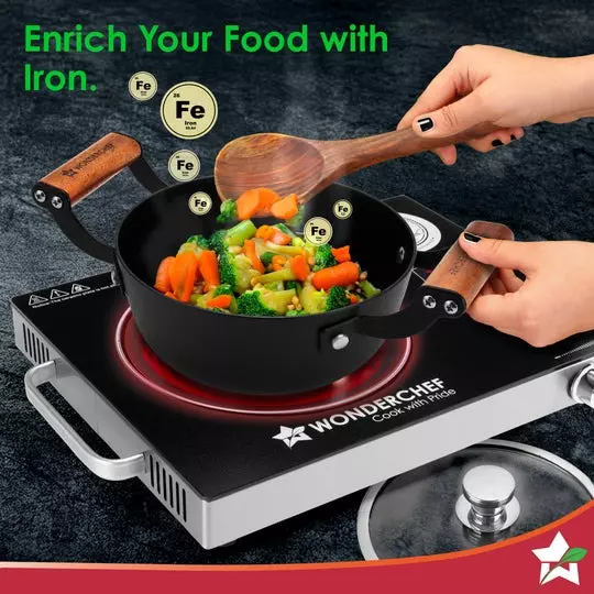 Wonderchef Ferro Casserole with Glass Lid 24 cm Light-Weight Cast-Iron Black, 63155162