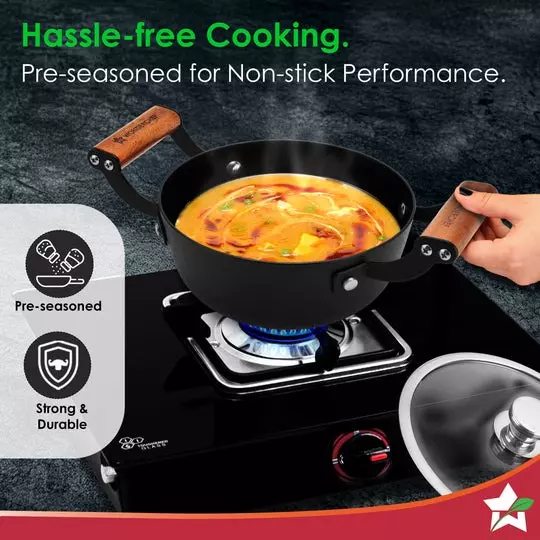 Wonderchef Ferro Casserole with Glass Lid 24 cm Light-Weight Cast-Iron Black, 63155162