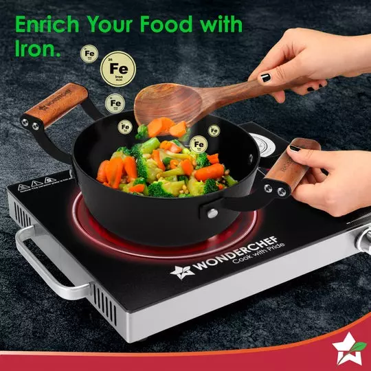 Wonderchef Ferro Deep Kadhai 18 cm Cast Iron Non-Toxic, Chemical-Free Black, 63155160