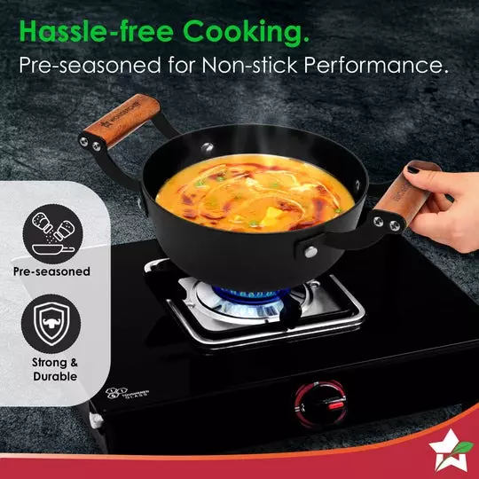 Wonderchef Ferro Deep Kadhai 18 cm Cast Iron Non-Toxic, Chemical-Free Black, 63155160