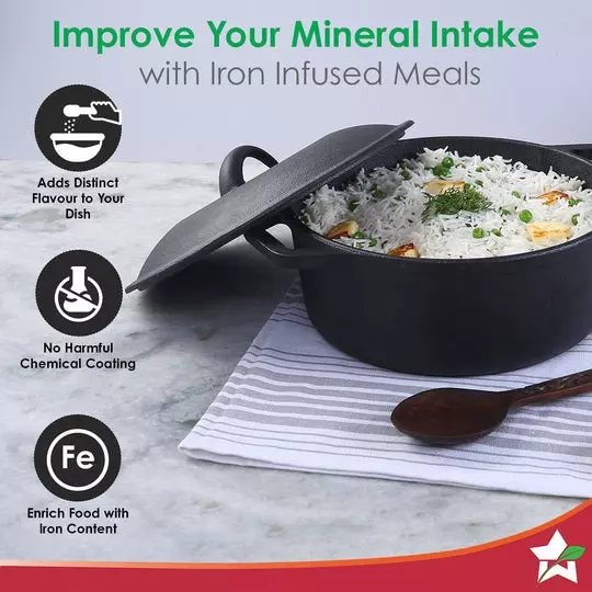 Wonderchef Forza Pre Seasoned Casserole with Lid 25 cm 4.7 L Cast Iron Black, 63153475