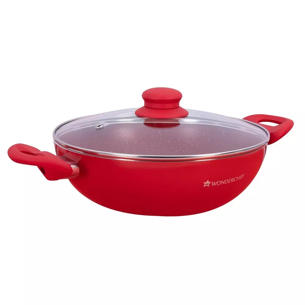 Wonderchef Royal Velvet Wok with Glass Lid 24 cm 1.8 L Virgin Aluminium Non-Stick Red, 63153440