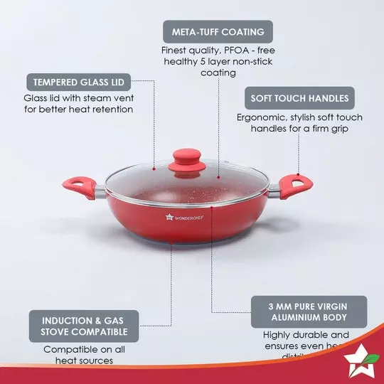 Wonderchef Royal Velvet Wok with Glass Lid 24 cm 1.8 L Virgin Aluminium Non-Stick Red, 63153440