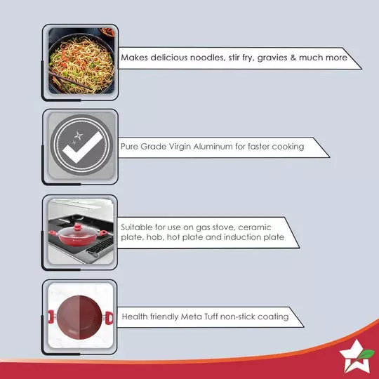 Wonderchef Royal Velvet Wok with Glass Lid 24 cm 1.8 L Virgin Aluminium Non-Stick Red, 63153440