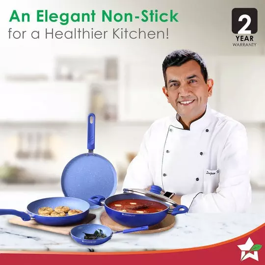 Wonderchef Royal Velvet Tawa, Mini and Big Fry Pan, Wok with Glass Lid Non-Stick Virgin Aluminium Blue, 63151720 (5 Pcs Set)
