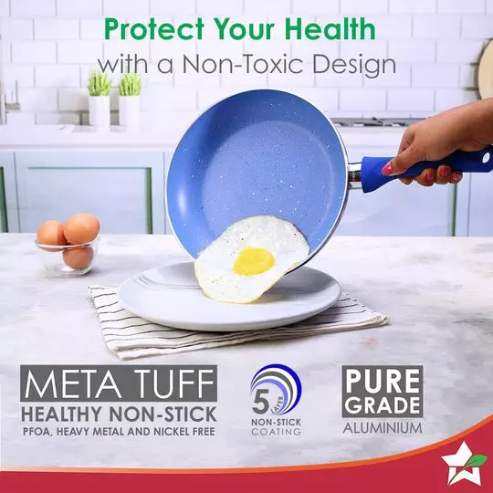 Wonderchef Royal Velvet Tawa, Mini and Big Fry Pan, Wok with Glass Lid Non-Stick Virgin Aluminium Blue, 63151720 (5 Pcs Set)