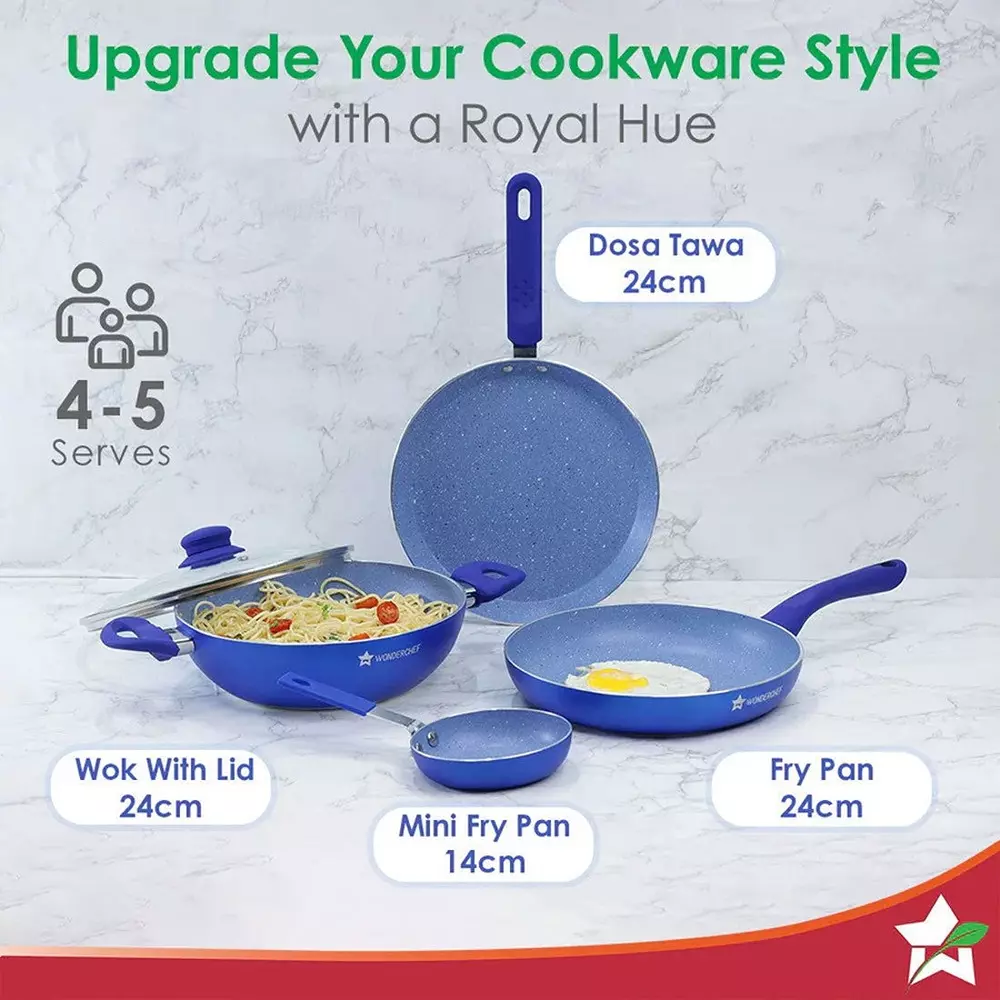 Wonderchef Royal Velvet Tawa, Mini and Big Fry Pan, Wok with Glass Lid Non-Stick Virgin Aluminium Blue, 63151720 (5 Pcs Set)