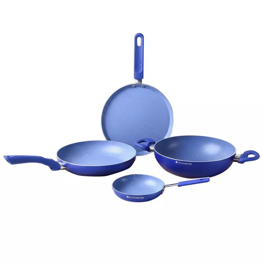 Wonderchef Royal Velvet Tawa, Mini and Big Fry Pan, Wok with Glass Lid Non-Stick Virgin Aluminium Blue, 63151720 (5 Pcs Set)