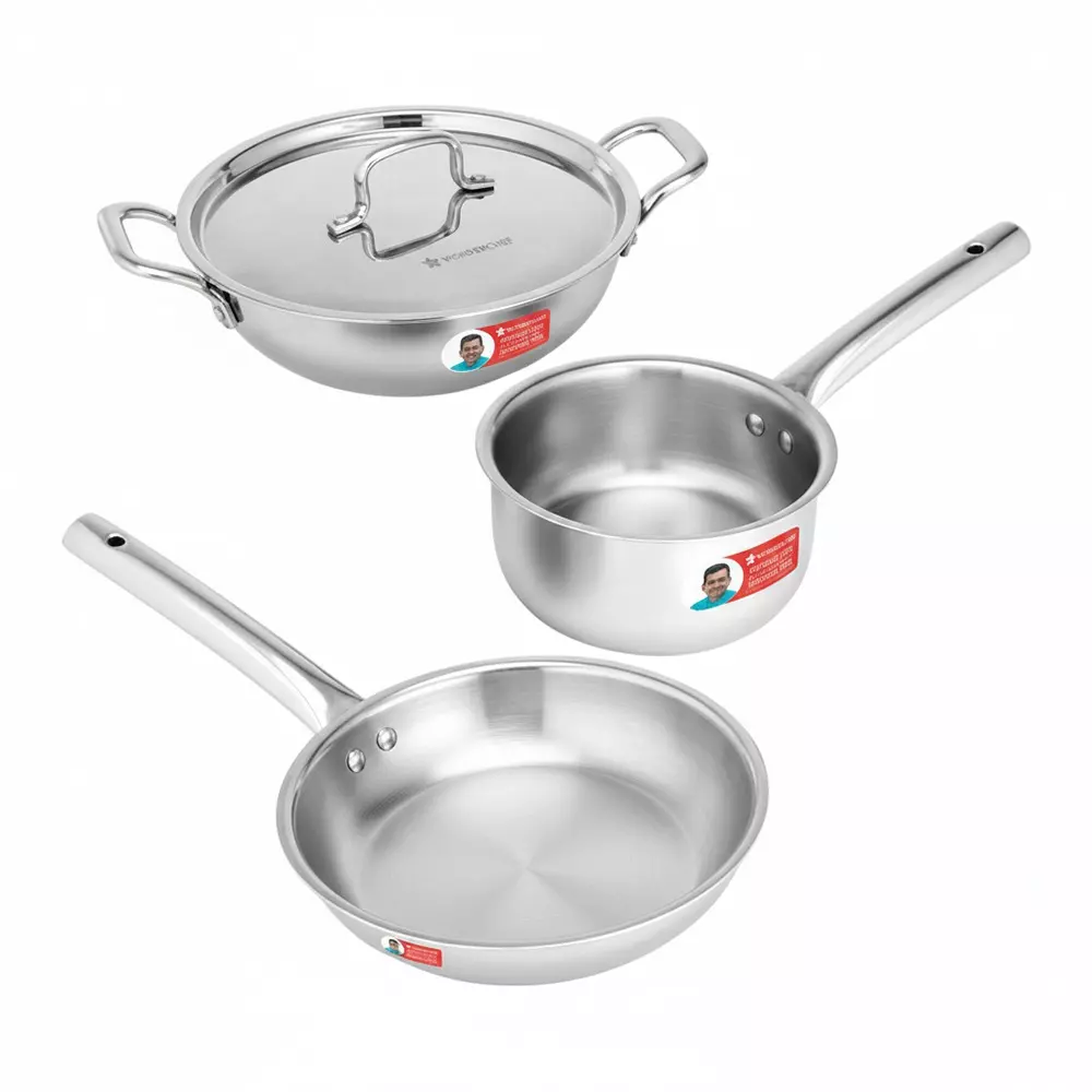 Wonderchef Venice Fry Pan, Saucepan & Kadhai with Lid Non-Toxic Triply Stainless Steel Chrome, 63155027 (4 Pcs Set)