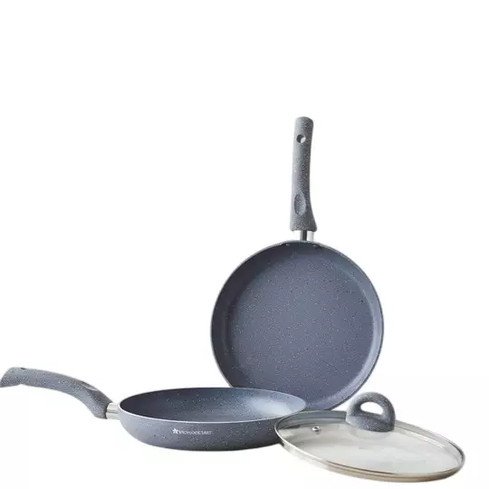 Wonderchef Granite Dosa Tawa & Fry Pan with Glass Lid Non-Stick Pure Grade Aluminium Grey, 63154634 (3 Pcs Set)