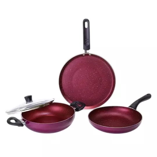 Wonderchef Bandhan Dosa Tawa, Fry Pan & Kadhai with Glass Lid Non-Stick Pure Grade Aluminium Red and Purple, 63155080 (4 Pcs Set)