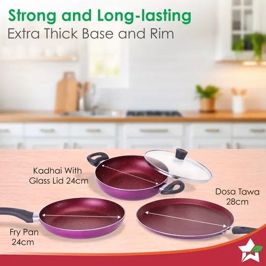 Wonderchef Bandhan Dosa Tawa, Fry Pan & Kadhai with Glass Lid Non-Stick Pure Grade Aluminium Red and Purple, 63155080 (4 Pcs Set)
