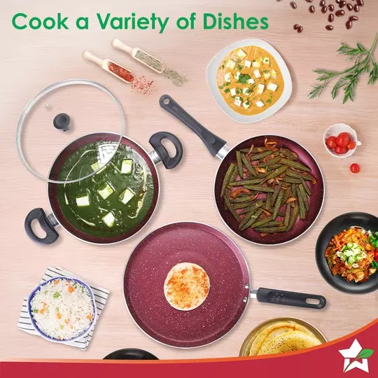Wonderchef Bandhan Dosa Tawa, Fry Pan & Kadhai with Glass Lid Non-Stick Pure Grade Aluminium Red and Purple, 63155080 (4 Pcs Set)