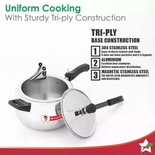 Wonderchef Nigella 2 L Pressure Cooker with Inner Lid Triply Stainless Steel Chrome ISI Certified, 63155039