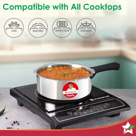 Wonderchef Nigella 2 L Pressure Cooker with Outer Lid Triply Stainless Steel Chrome ISI Certified, 63155036