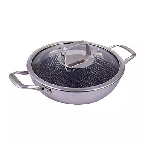 Wonderchef Stanton Kadhai with Glass Lid 28 cm 3.4 L Non Stick Tri-Ply Stainless Steel Chrome, 63152779