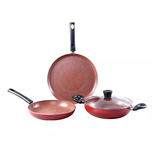 Wonderchef Tivoli Dosa Tawa, Fry Pan & Kadhai with Glass Lid Non Stick Virgin Aluminium Red, 63154455 (4 Pcs Set)